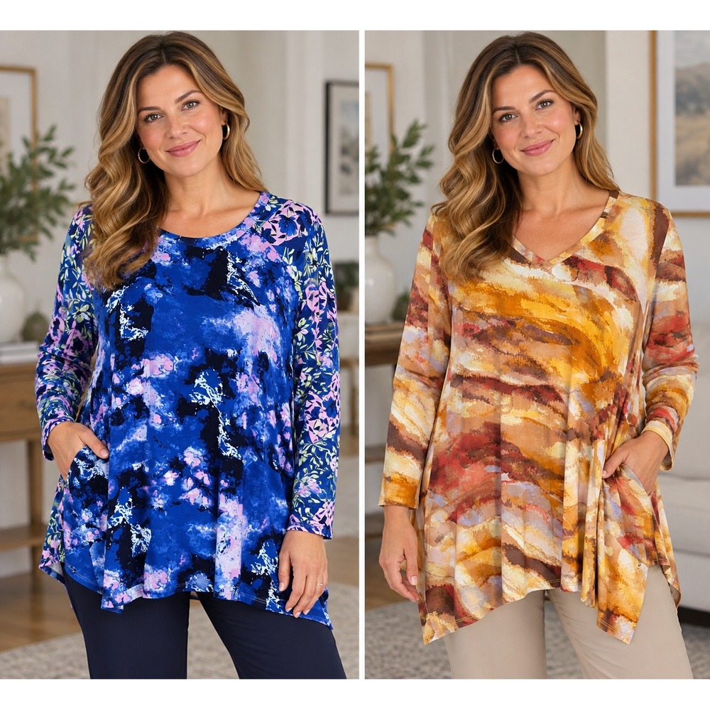 LOGO Lori Goldstein Tunic Top Women 1X Blue Orange Floral Abstract Set 2 Pockets